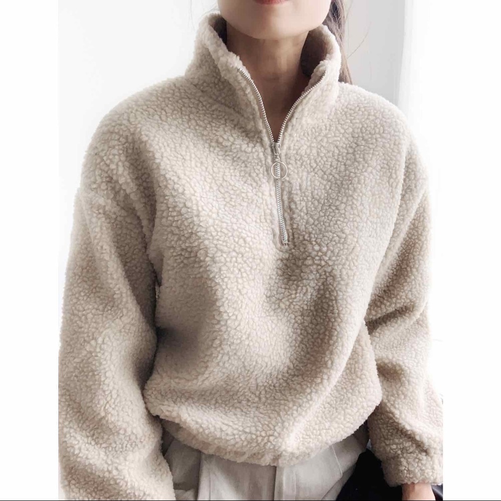 TEDDY SHEARLING HALF ZIP BOMBER SWEATER - TAUPE - Picture 10 of 10